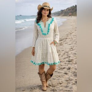 SAIL TO SABLE Cream &  Mint Lurex Jacquard Tassel Boho Dress Size Large